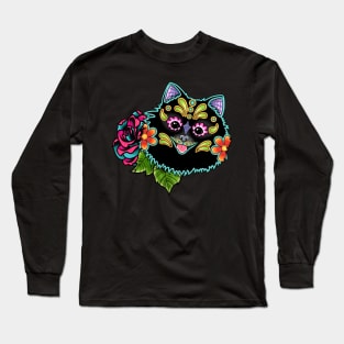 Pomeranian in Black - Day of the Dead Sugar Skull Dog Long Sleeve T-Shirt